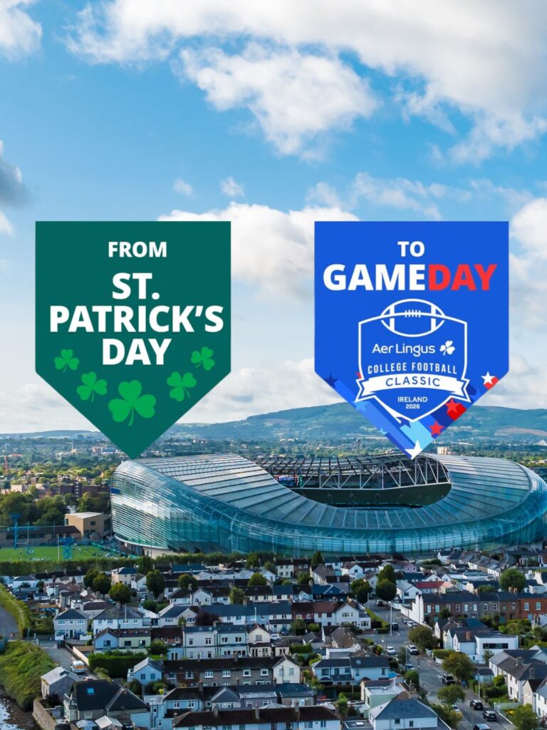 Aviva Stadium and two flags that read 