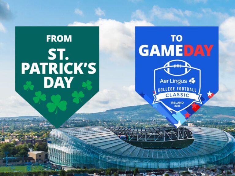 Aviva Stadium and two flags that read 