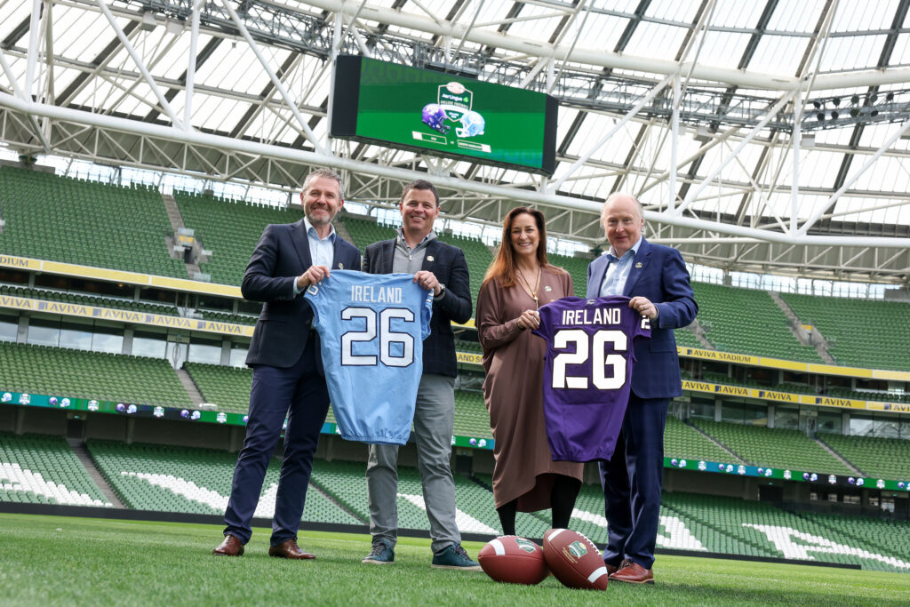 Padraic O’Kane (Co-Founder, Aer Lingus College Football Classic), Eve Mulconry (Partner, Arthur Cox LLP), Geoff Moore (Managing Partner, Arthur Cox LLP) and Brendan Meehan (Commercial Director, Aer Lingus College Football Classic).