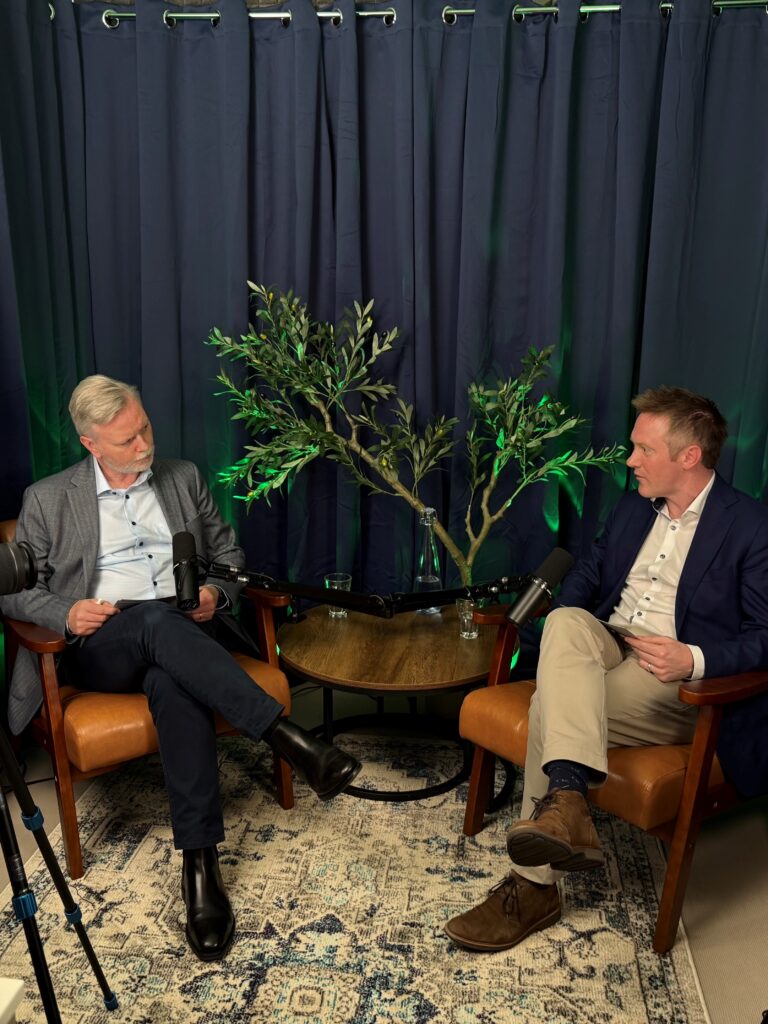 Colin Rooney and Michael Egan in podcast studio