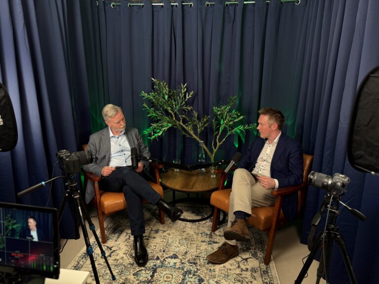 Colin Rooney and Michael Egan in podcast studio